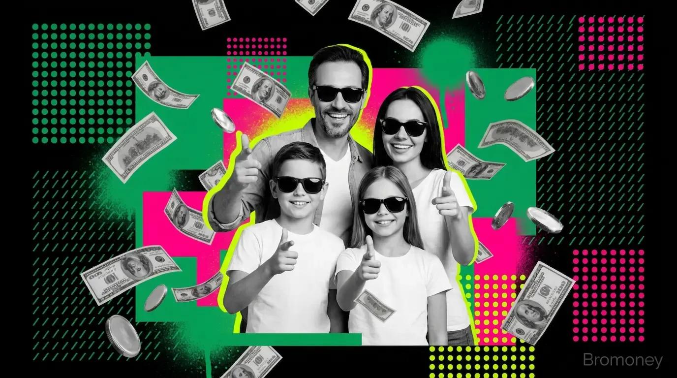 family smiling with money floating around