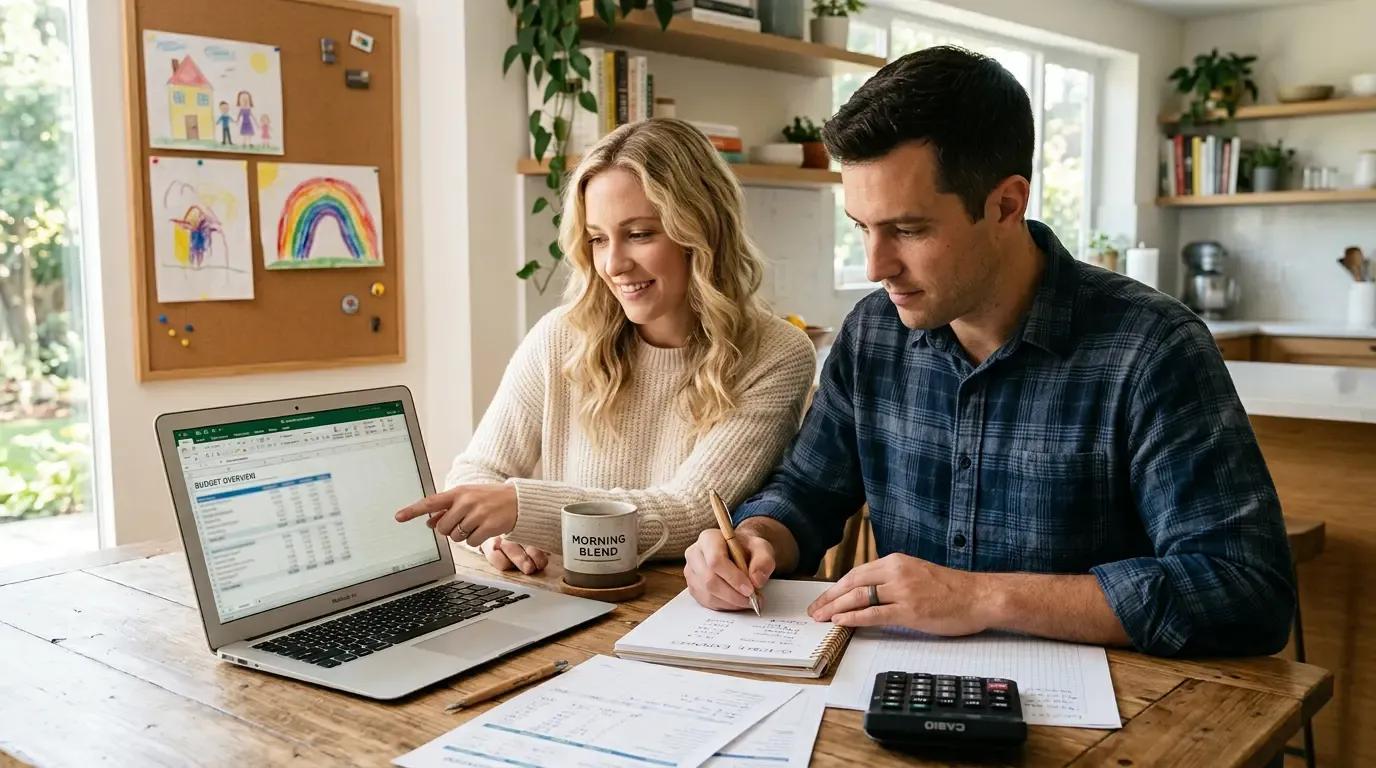 Young couple reviewing a family budget spreadsheet at a kitchen table with two children's drawings visible in the background