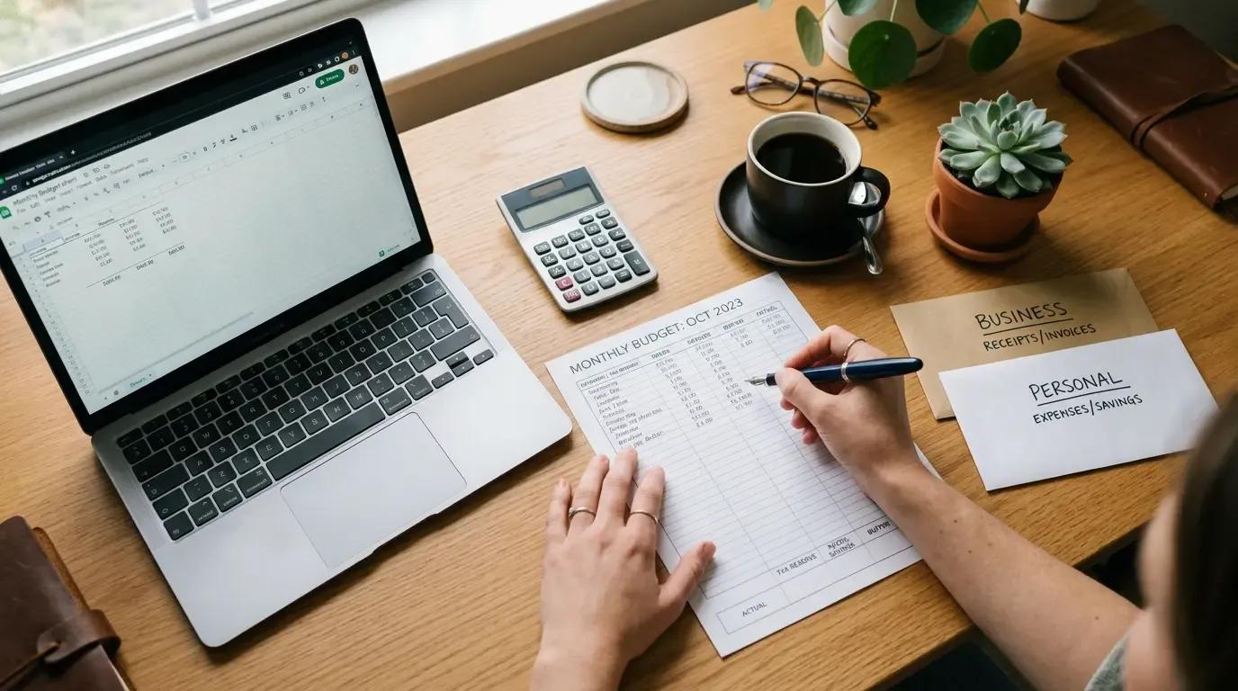 A freelancer at a wooden desk organizing a budget worksheet divided into Tax Reserve, Needs, Savings, and Buffer columns, with a laptop showing income entries and two labeled envelopes marked Business and Personal