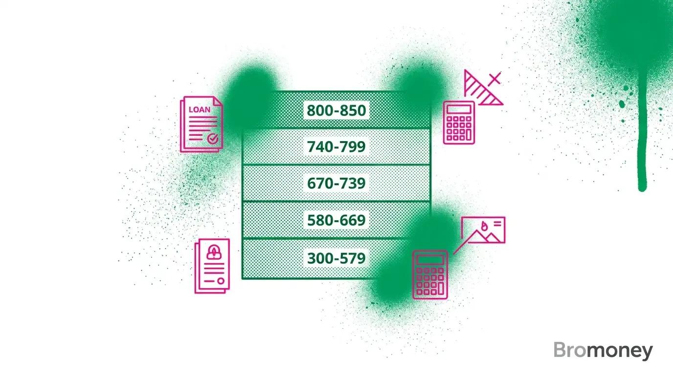 Minimalist credit score range chart with finance symbols and score tiers from poor to exceptional
