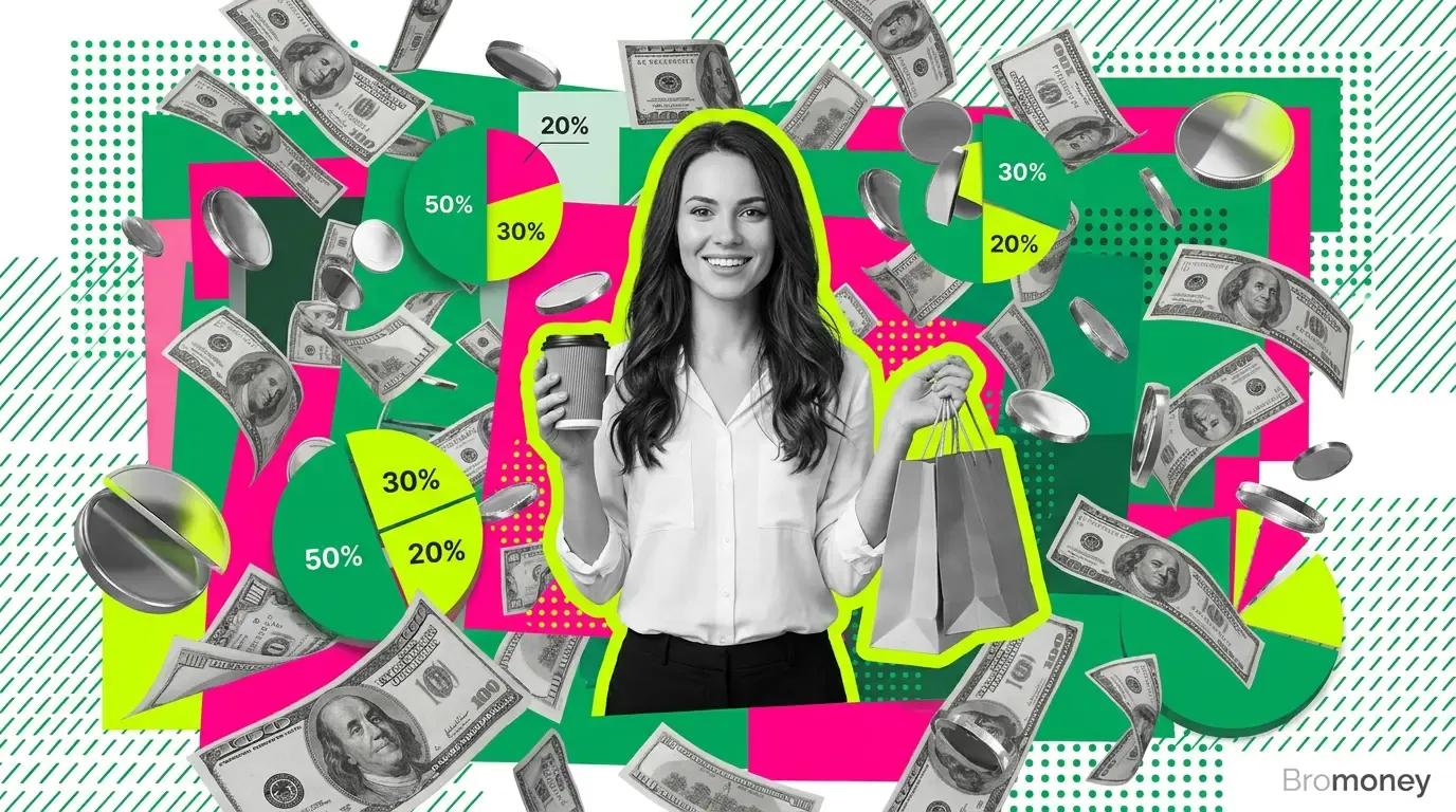 Woman holding coffee and shopping bag surrounded by flying dollar bills and 50/30/20 budget pie chart fragments on black background